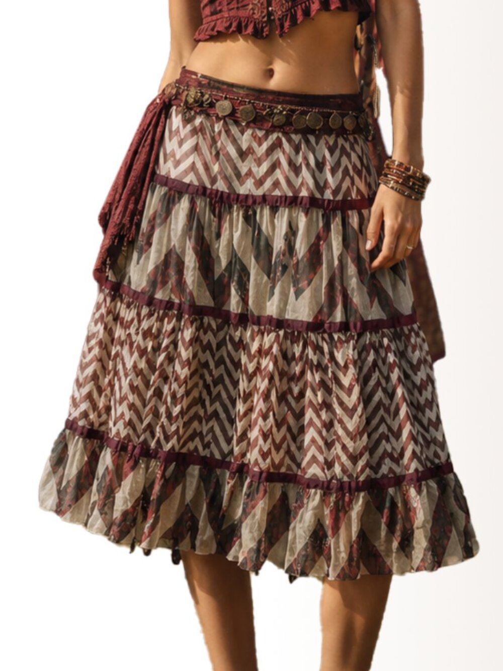 DVF Tiered Skirt Silk Dopamine Maximalist Burgundy Chevron Stripe Steampunk